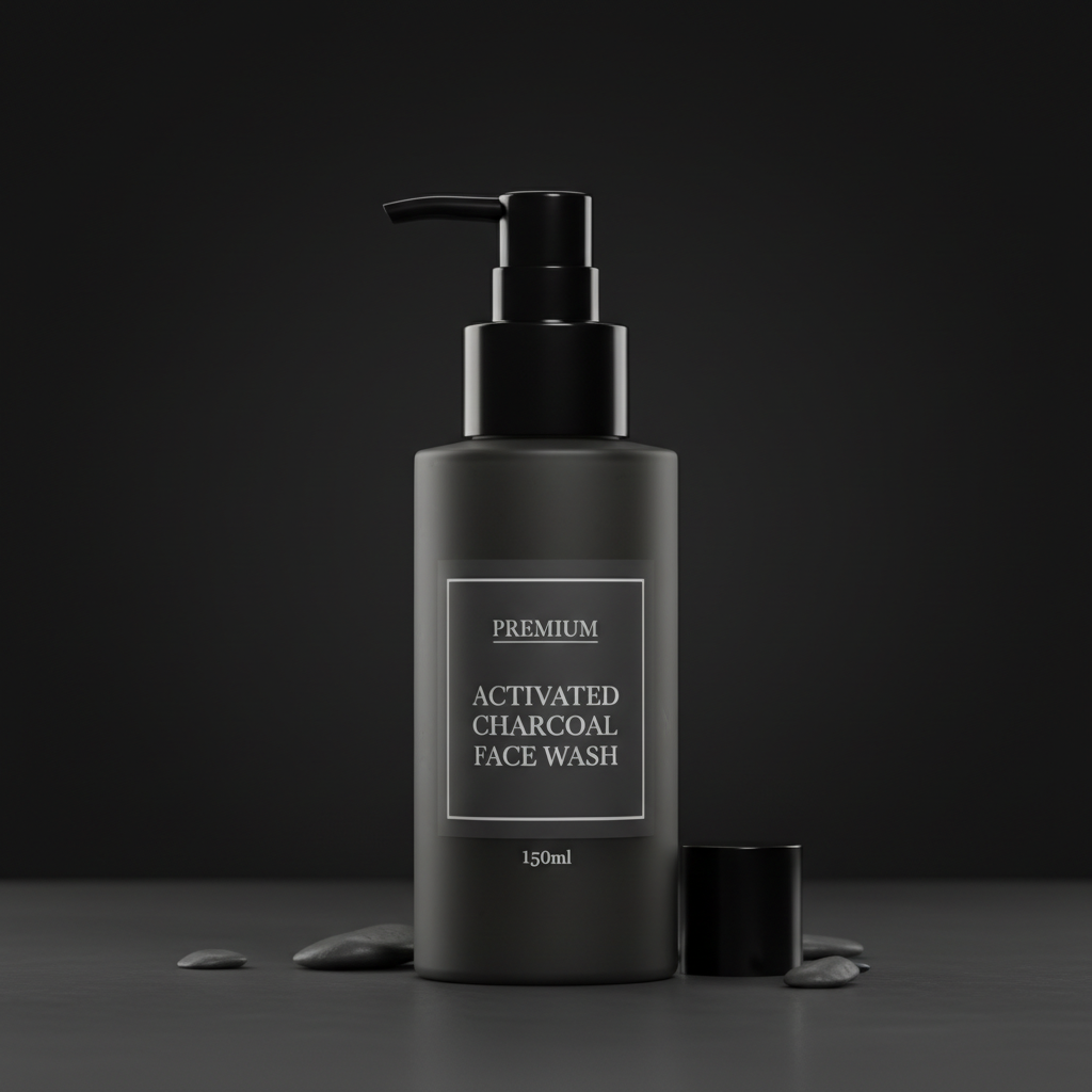 Lethari Activated Charcoal Face Wash pump bottle on dark background