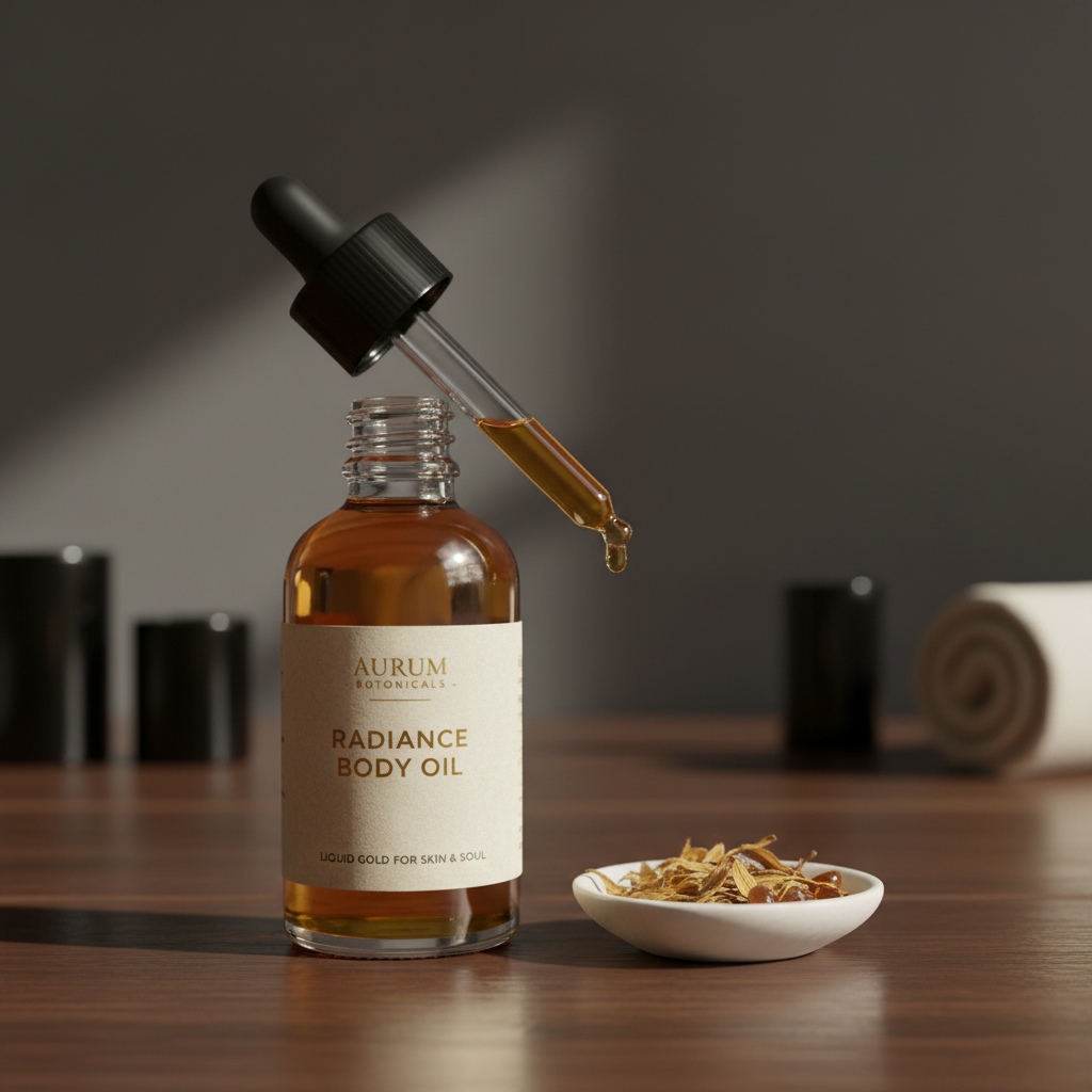 Lethari Wellness Body Oil glass dropper bottle on warm dark background
