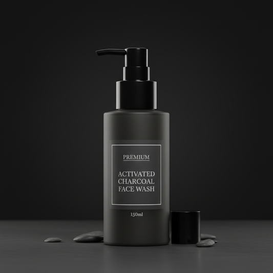Lethari Activated Charcoal Face Wash pump bottle on dark background